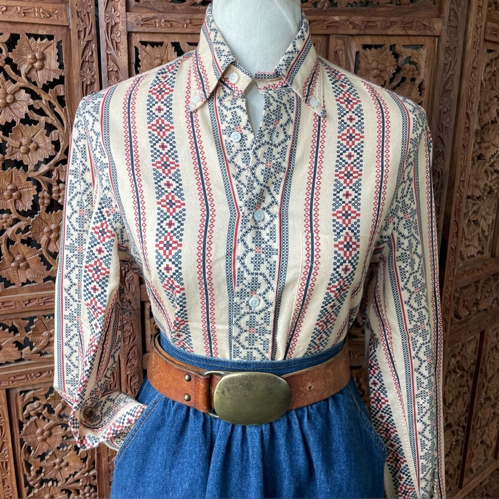 Gitman Bros Vintage Cream Button-Up Shirt with western cross stitch print